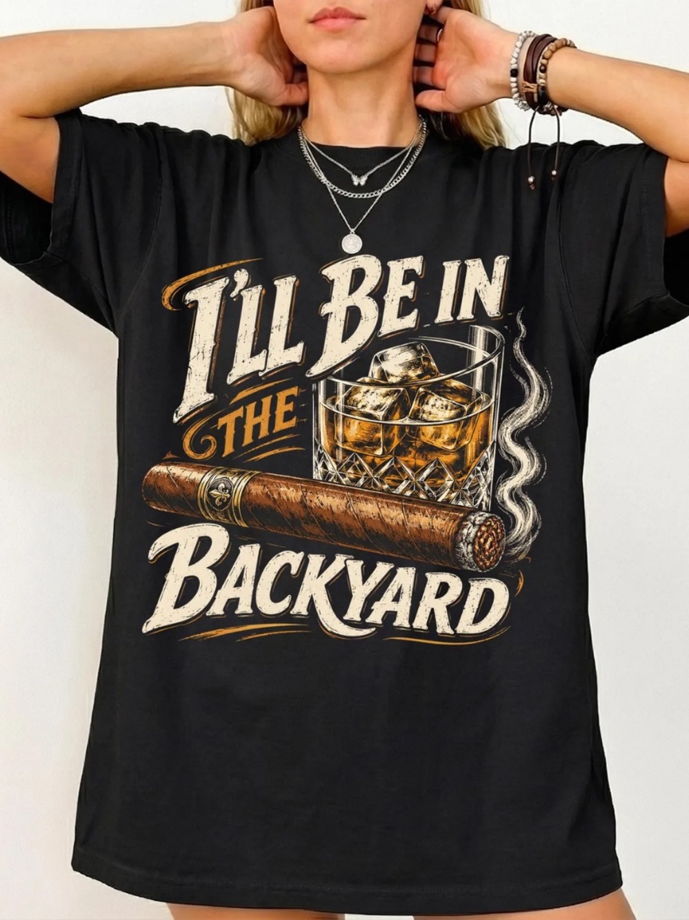 Black Graphic Short Sleeve Tee with 'I'll Be In The Backyard' Print
